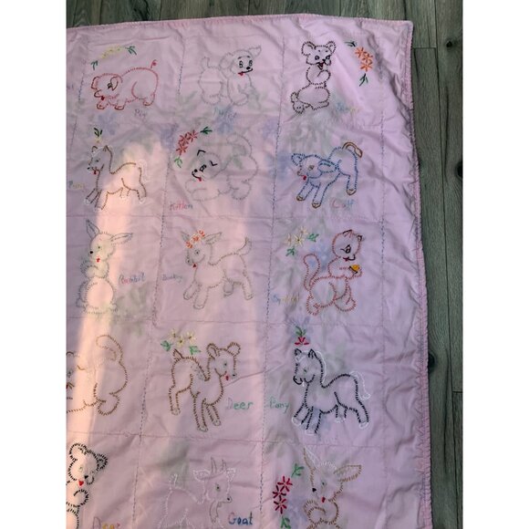 Vintage Handmade Girl Baby Hand-stitched Embroidered Pink Check Plaid Back Anima - Picture 4 of 6